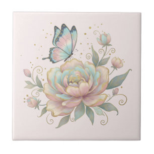 Magische Roos en Vlinder Pastelkleuren Tegeltje