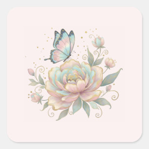 Magische Roos en Vlinder Pastelkleuren Vierkante Sticker