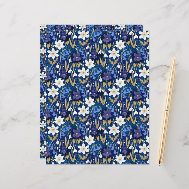 Magische Royal Blue Bloemen Patroon Scrapbook Papi (Voorkant / Achterkant in situ)