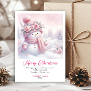 Magische roze sneeuwman Kerst kinderkaart digitaal Feestdagenkaart