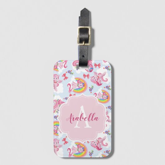 Magische roze Unicorn Girly Rainbow Monogram Bagagelabel (Voorkant (verticaal))