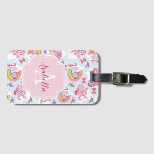 Magische roze Unicorn Girly Rainbow Monogram Bagagelabel (Voorkant (horizontaal))