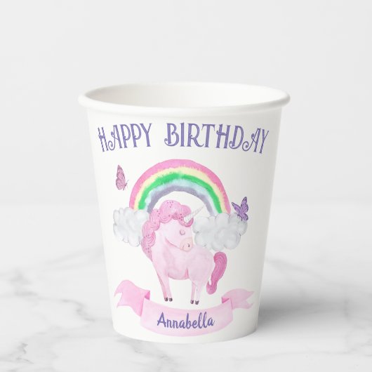 Magische roze unicorn regenboogvlinders Birthday Papieren Bekers (Voorkant)