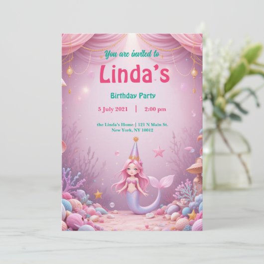 Magische Roze Zeemeermin Party Verjaardag Uitnodig Kaart (Staand voorkant)
