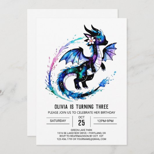 Magische Schattige Dragon Digitale Meisje Verjaard Kaart (Voorkant / Achterkant)