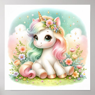 Magische Schattigee Kawaii eenhoorn Bloemen Poster