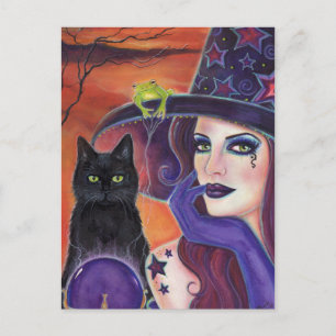 Magische spreuk Halloween heks met zwarte kat. Briefkaart