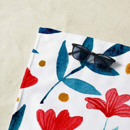 Magische tuin - rood en turquoise strandlaken (In situ)