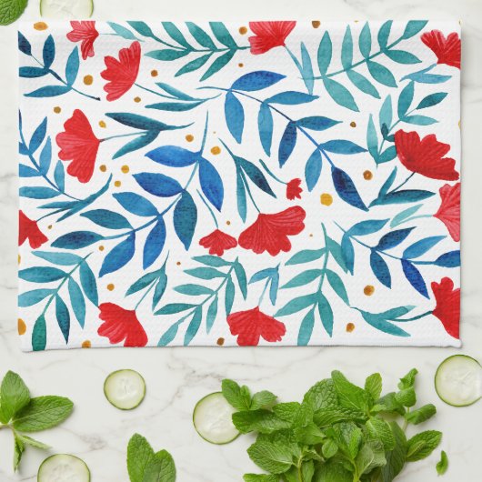 Magische tuin - rood en turquoise theedoek (Gevouwen)