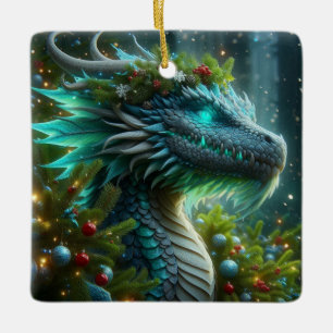 Magische turquoise kerstdraak keramisch ornament