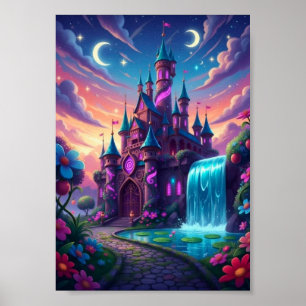 Magische Tweelingmaan Kasteel Waterval Fantasie Po Poster