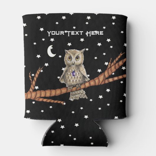 Magische Uil op Branch Paarse Crystal Moon Stars Blikjeskoeler (Achterkant)