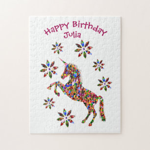 Magische Unicorn Flowers Happy Birthday personalis Legpuzzel