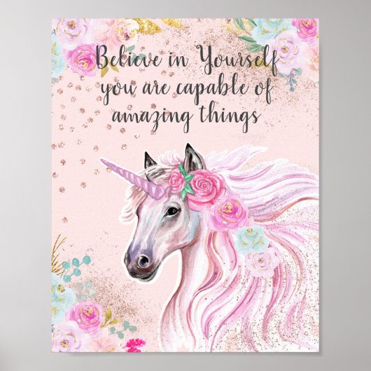 Magische Unicorn Geloof in uzelf roze goud Poster (Voorkant)