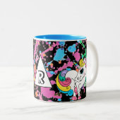 Magische Unicorn Girly Rainbow Retro Verf Splatter Tweekleurige Koffiemok (Voorkant rechts)
