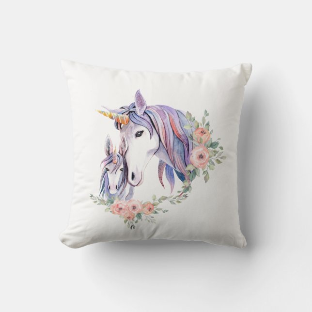 Magische Unicorn Mam en Baby Waterverf Kussen (Voorkant)