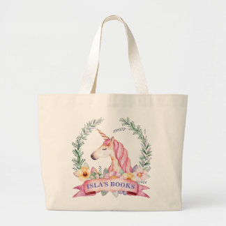 Magische Unicorn met Florals Custom Library Bag Grote Tote Bag
