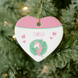 Magische Unicorn Roze Blauwgroen naam Meisje Kerst Keramisch Ornament