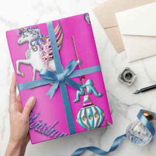 Magische Unicorns en kerstdecoraties Roze Cadeaupapier