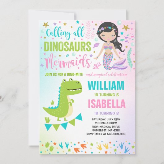 Magische verjaardagsuitnodiging zeemeermin en dino kaart (Voorkant)