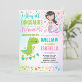 Magische verjaardagsuitnodiging zeemeermin en dino kaart (Staand voorkant)