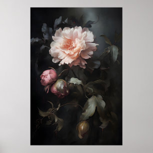 Magische vintage pioen bloemprint, botanische donk poster