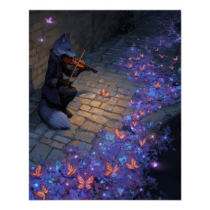 Magische Vioolvos met Glowende Vlinders Kunst Perfect Poster