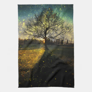 Magische vuurvliegjes droomachtig landschap theedoek