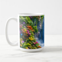 Magische Waterval met Regenboog en Kleurrijke Bloe