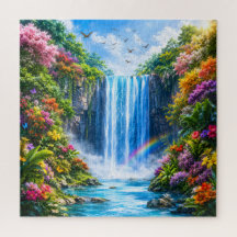 Magische Waterval met Regenboog en Kleurrijke Bloe