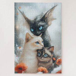 Magische Winterkatten met Fantasie Draak Bescherme Legpuzzel