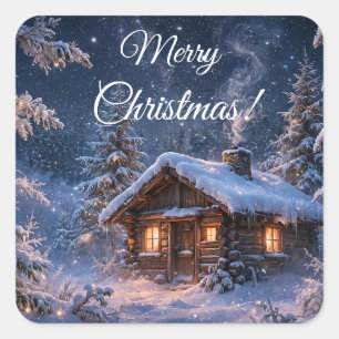 Magische Winternacht Hut in het Bos Vierkante Sticker