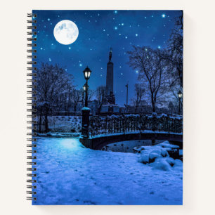 Magische winternacht met sterrenhemel en volle maa notitieboek