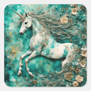 Magische witte eenhoorn Blauwgroen achtergrond Vierkante Sticker