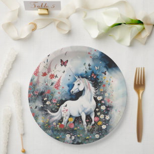 Magische witte eenhoorn en wilde bloemen papieren bordje