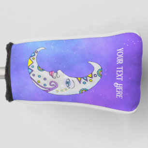 Magische witte versierde maan met gezicht Paarse l Golfheadcover