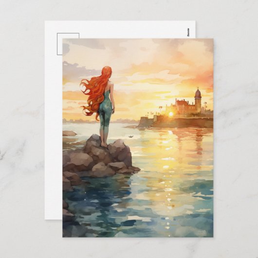 Magische Zeemeermin Waterverf met Vuurtoren - Fant Feestdagenkaart (Voorkant / Achterkant)