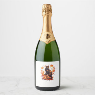 Magische zwarte kat in herfstbos � hemelse val sparkling wijnetiket