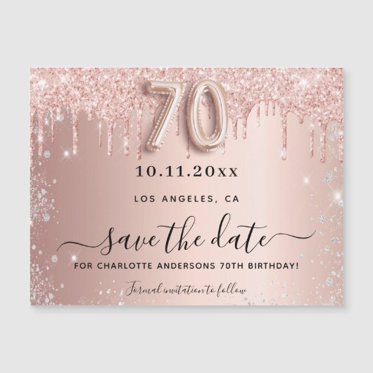 Magneet met roos glitter voor 70e verjaardag save (Voorkant)