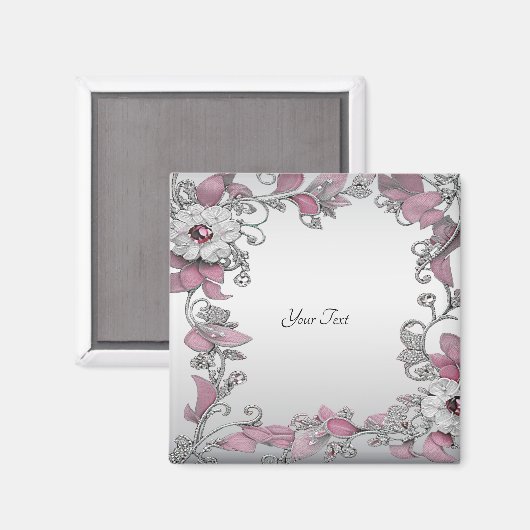 Magneet met roze zilver witte bloem (Voorkant / Achterkant)