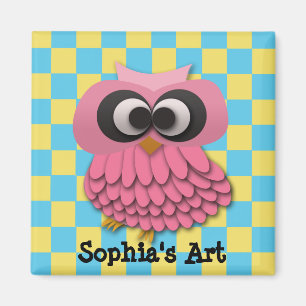 Magneet met schattige roze uil kinderkunstwerk