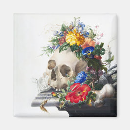 Magneet met schedel en bloemen scène.