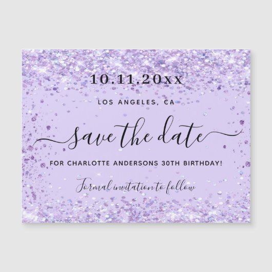 Magneet om de datum van het violette glitter-verja (Voorkant)