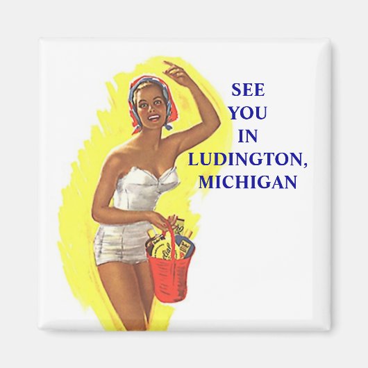 Magneet ~ RETRO stijlvolle badpak dame op het stra (Voorkant)