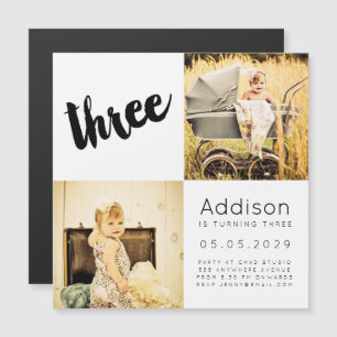 MAGNET Baby Boy Girl DRIE 3rd Birthday-fotokaart Magnetische Uitnodiging