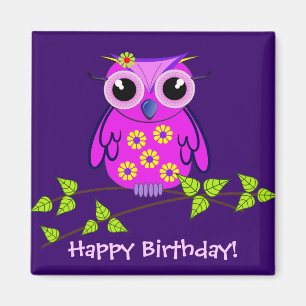 Magnet d'anniversaire joyeux avec Chouette rose