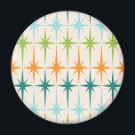 Magnet de début géométrique vintage<br><div class="desc">Vintage. Géométrie. Les débuts. Si vous aimez l'un de ces mots, cet aimant de Starbursts géométriques Vintage rétro est pour vous. Ce design moderne du milieu du siècle présente un arrière - plan crème avec des rangées d'étoiles turquoise, vert citron, orange et turquoises. Ce design mod s’associe à merveille avec...</div>