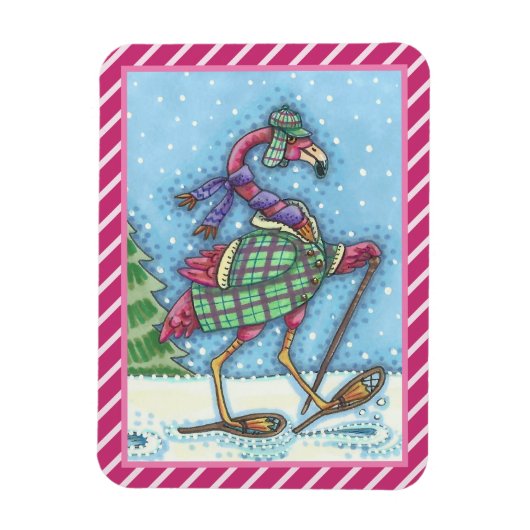MAGNET DE FLAMANT ROSE ROSE DE NEIGE HIVER (Vertical)