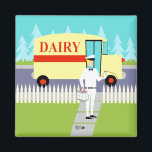 Magnet de la petite ville rétro<br><div class="desc">Si vous avez soif d'un design moderne du milieu du siècle, ce Magnet Retro Small Town Milkman est pour vous! Le style des années 60, minimaliste design d'art, comprend un milkman dédié qui fait ses rondes matinales. L'homme blond porte un pantalon blanc laiteux, une chemise et un casquette avec une...</div>