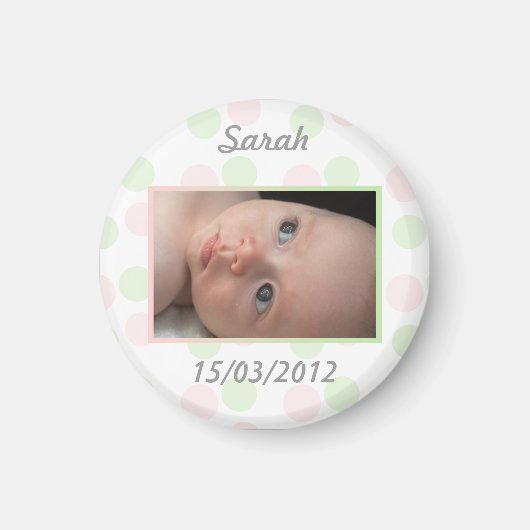 Magnet faire-part de naissance pois rose et vert (Devant)